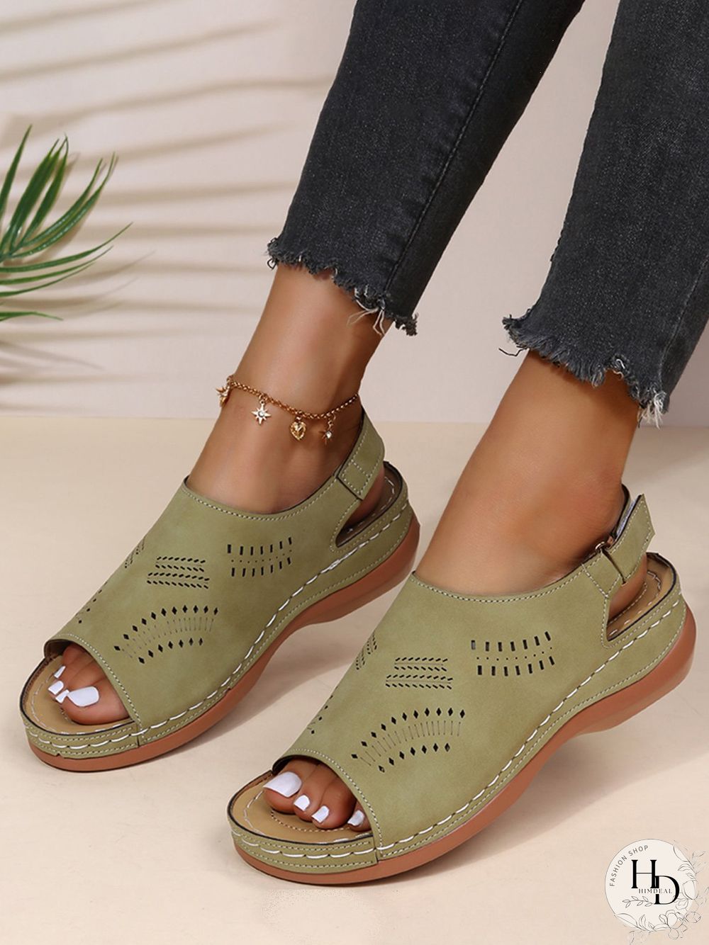 Cutout Velcro Vintage Casual Velcro Wedge Sandals