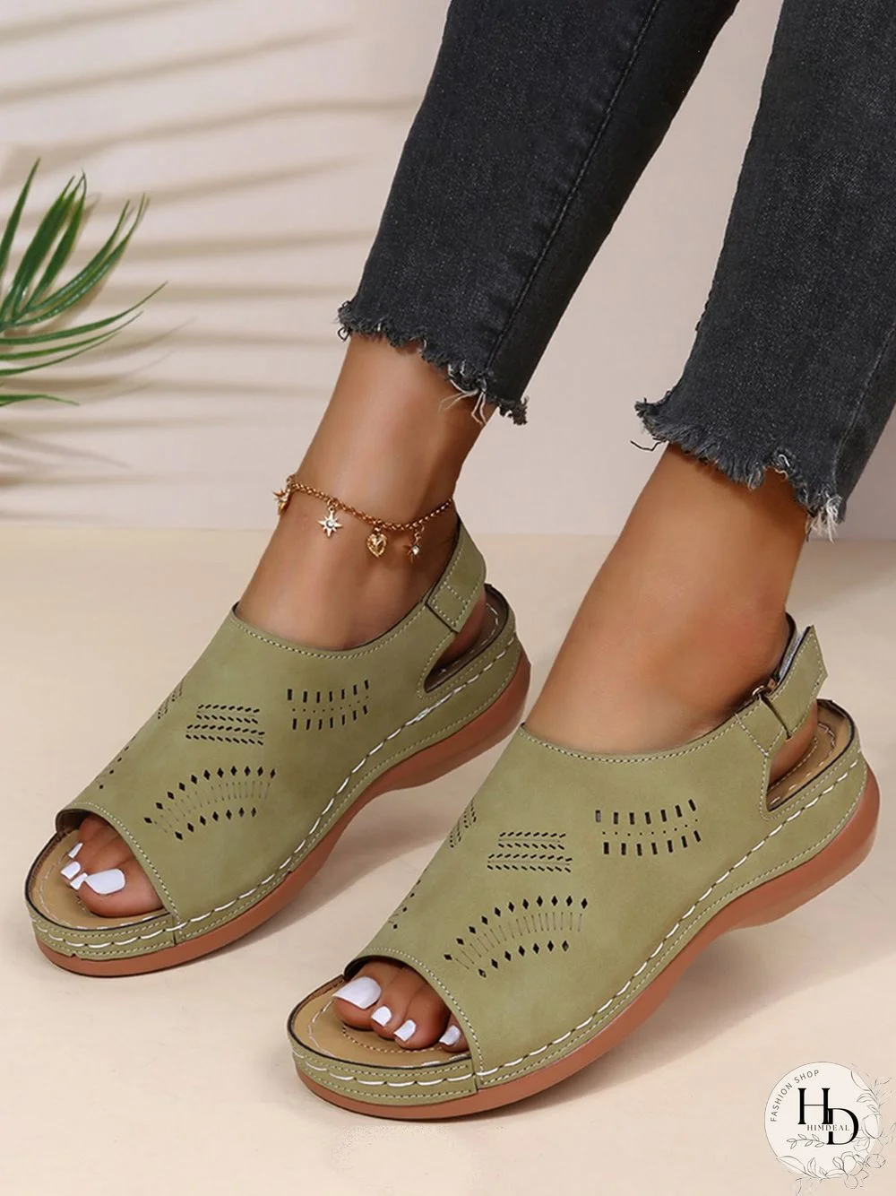 Cutout Velcro Vintage Casual Velcro Wedge Sandals