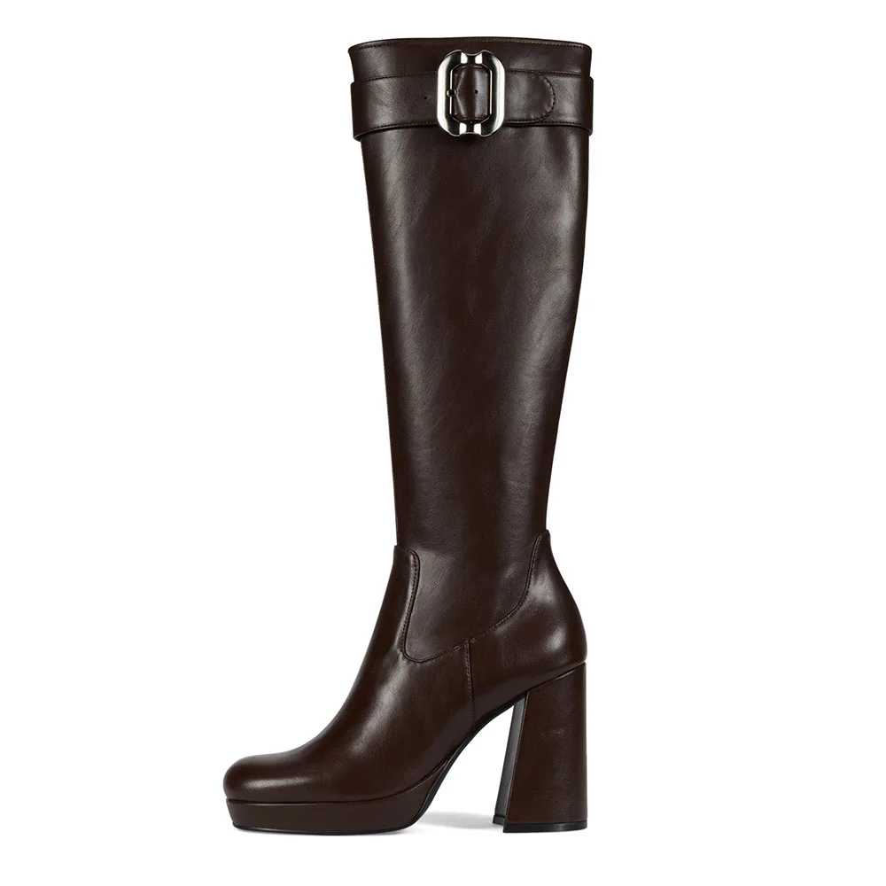 Brown Square Toe Chunky Heel Knee High Platform Boots with Buckle