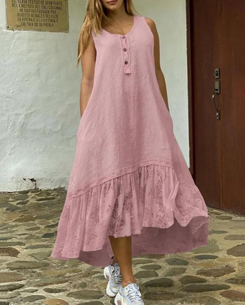 Solid color round neck lace patchwork irregular dress