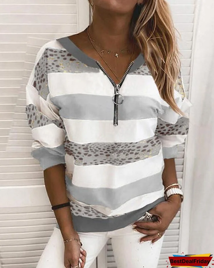 Print Striped V-Neck Long Sleeves Sweatshirt