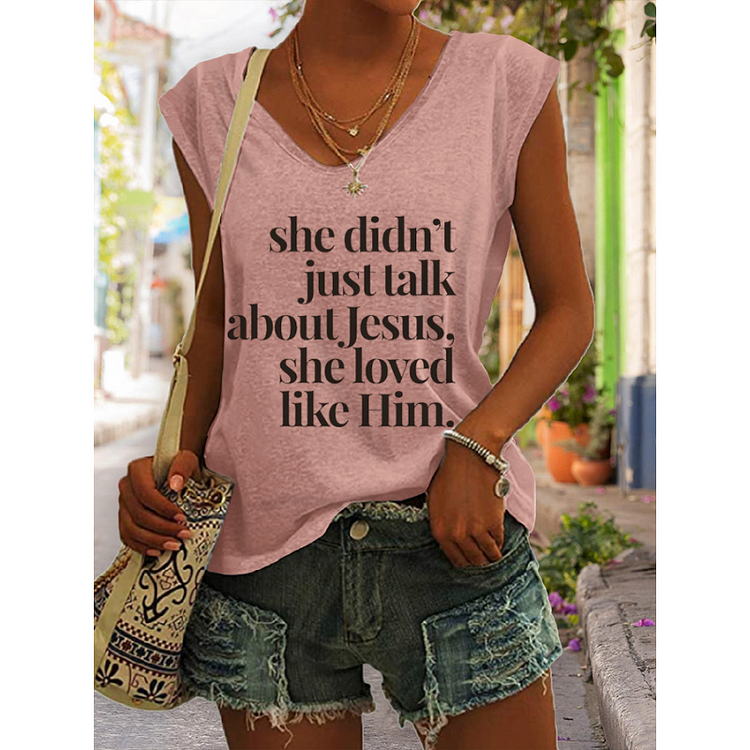 Women's  She Didn't Just Talk About Jesus Print Casual V-Neck Tank Top socialshop