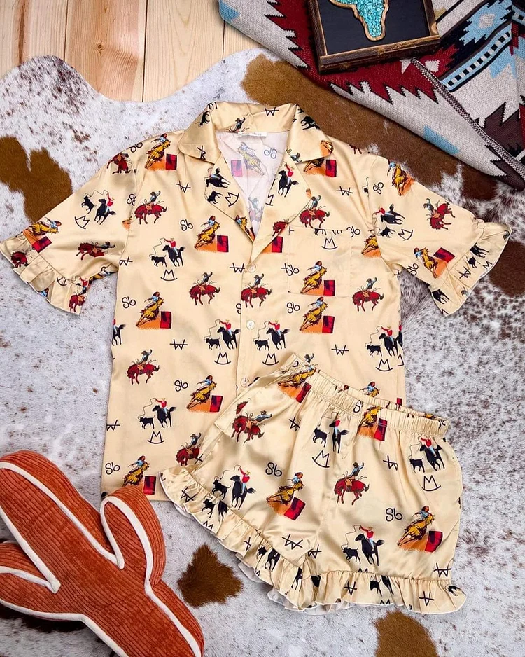 Western Casual Silk Cowgirl Print Short Sleeves Pajama Set