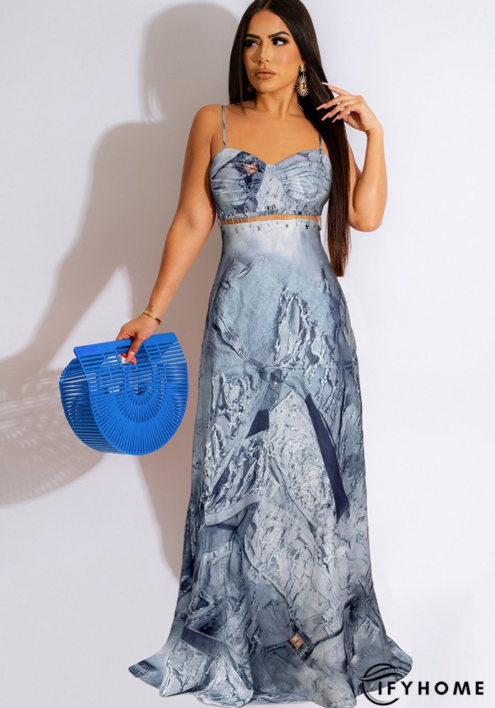Sexy Ladies Denim Print Pin Embellished Backless Slip Maxi Dress | IFYHOME