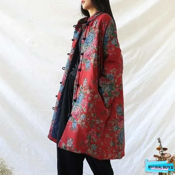 Women Red Print Floral Vintage Parkas Linen Pockets Winter New Chinese Style Parkas