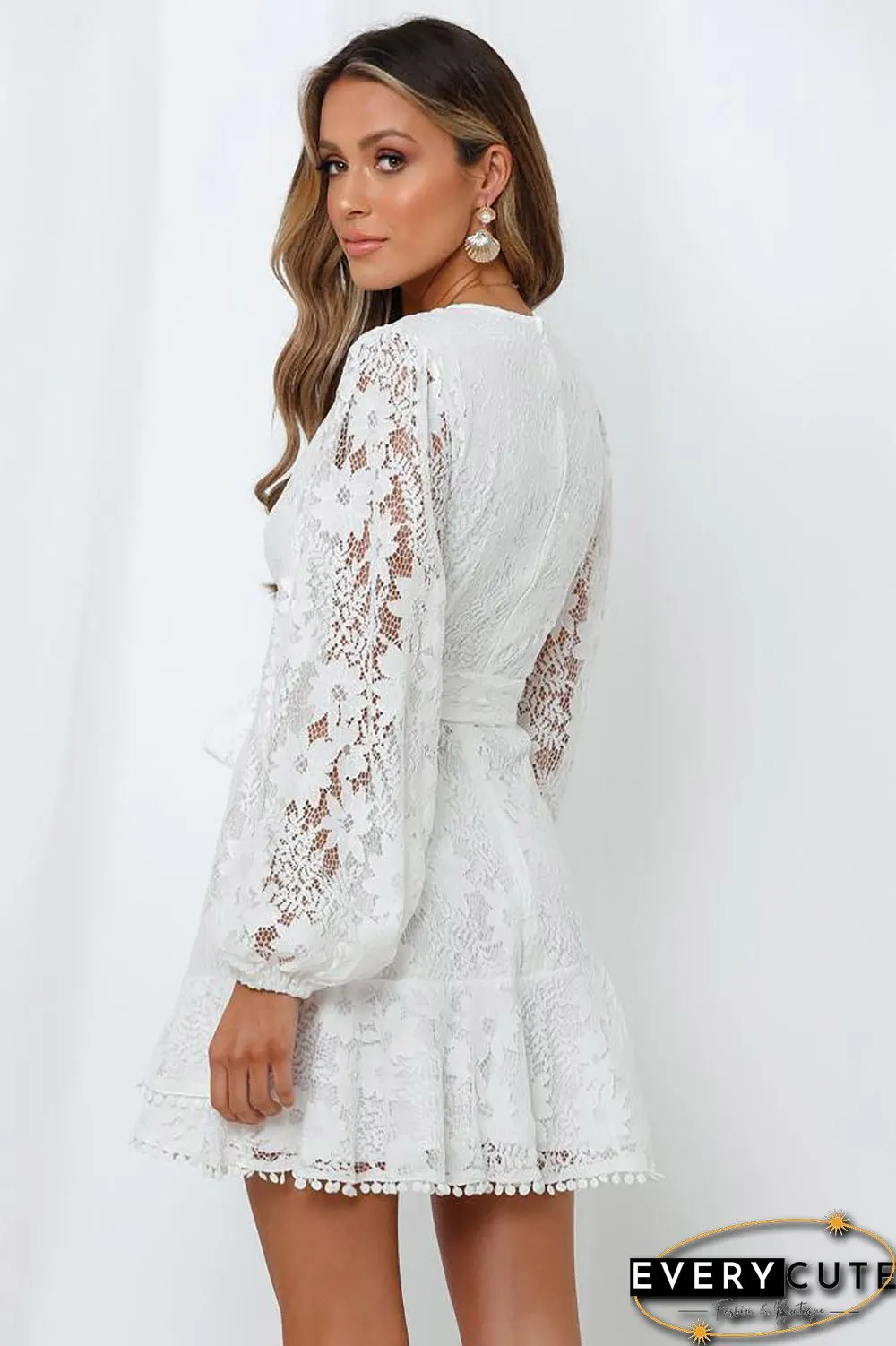 White Wrap V Neck Lace Bubble Sleeve Mini Dress