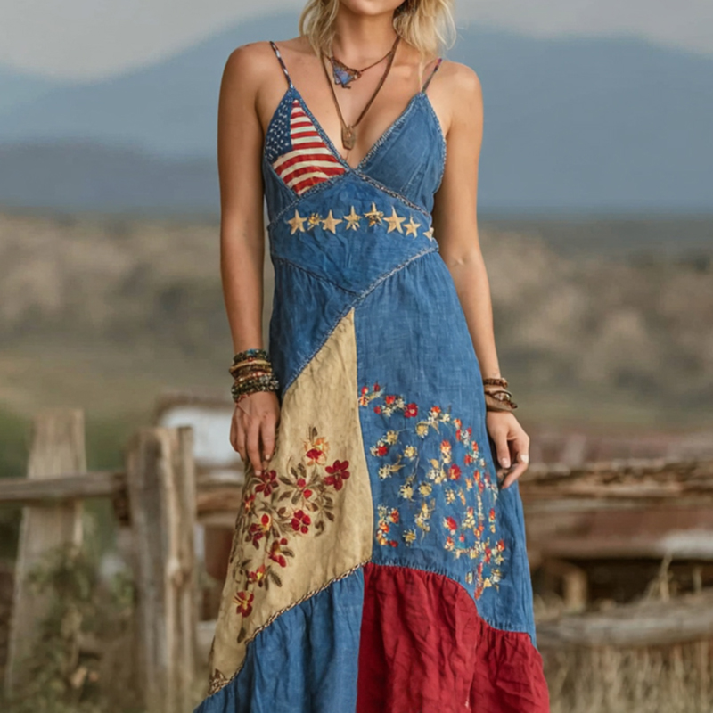 Comstylish Vintage Independence Day Flag Patchwork Suspenders Midi Dress