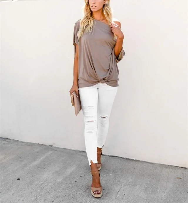 Sexy Pure Color Slanted Shoulder Baggy Blouse T-Shirt