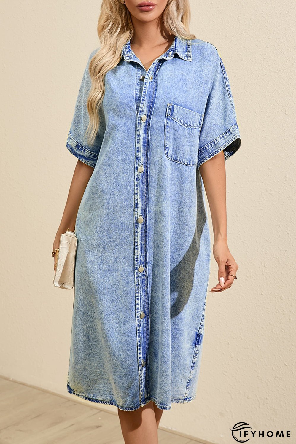 Denim Shirt Dress with Button Pockets | IFYHOME