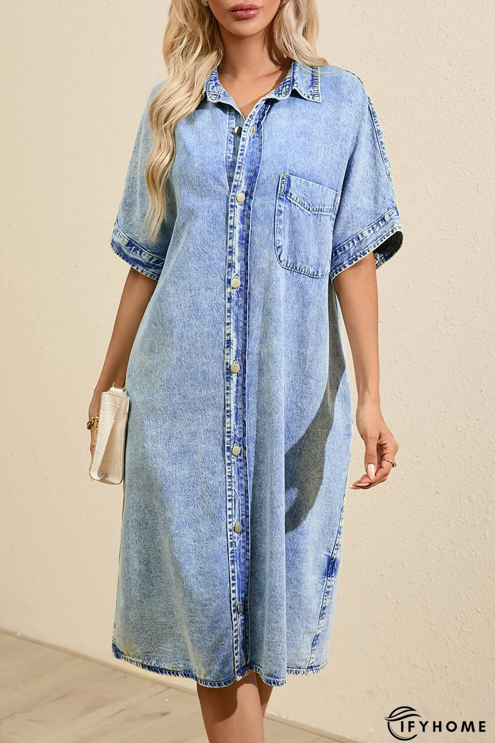 Denim Shirt Dress with Button Pockets | IFYHOME
