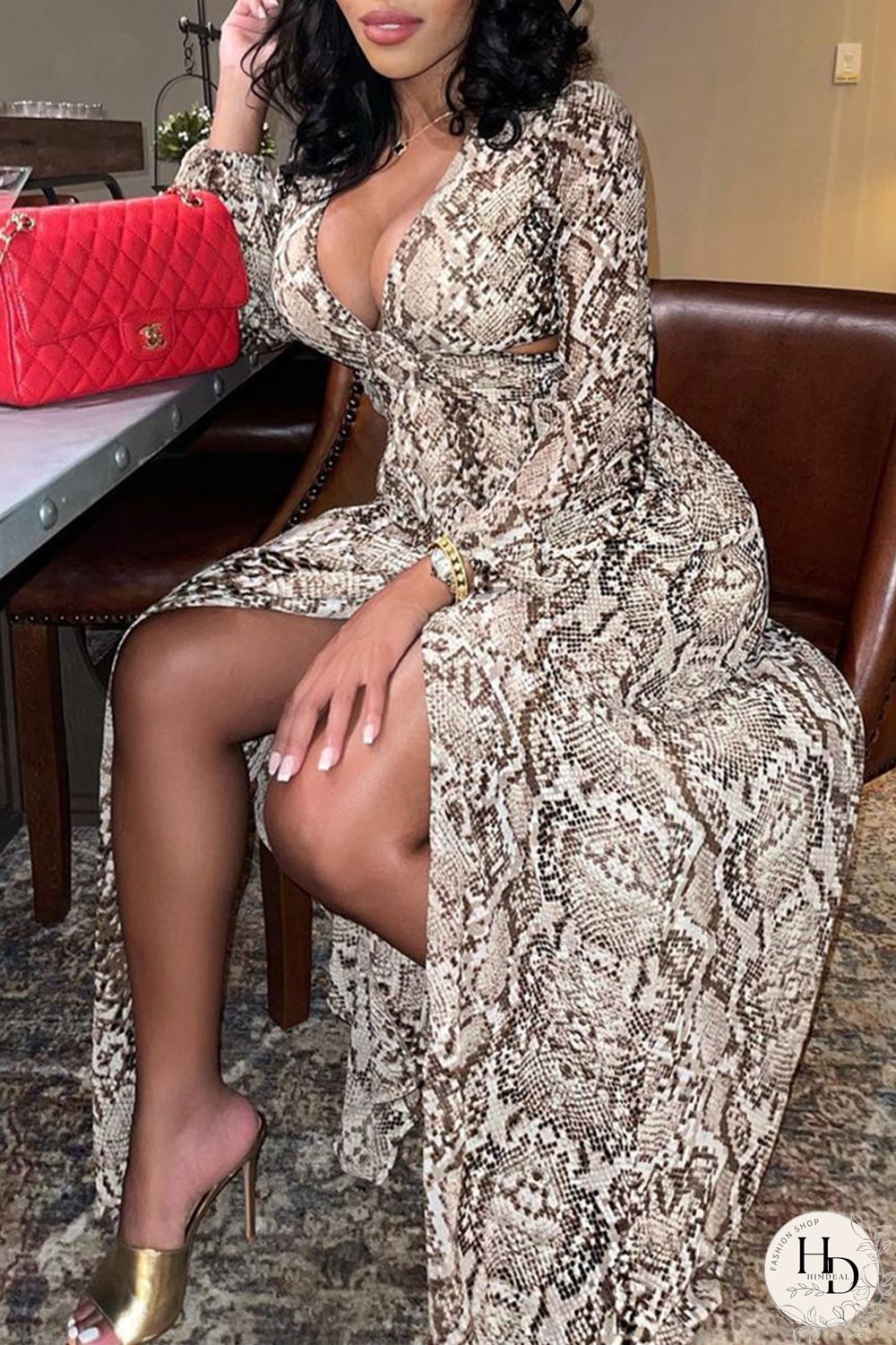Snake Print Fashion Sexy Print Hollowed Out Slit V Neck Long Sleeve Dresses