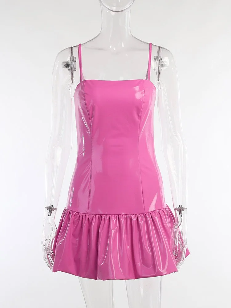 WannaThis Ruffle Mini Dress For Woman Y2K Pink Leather Sleeveless Zipper Pink Faux PU Folds Clubwear Party Sexy 2021 Strapdress