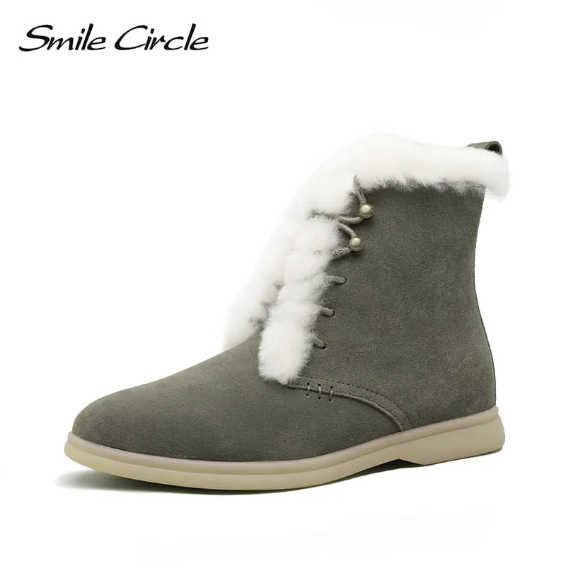 Smile Circle winter Ankle boots cow-suede-leather boots fashion natural-fur Warm boots Comfortable snow boots women