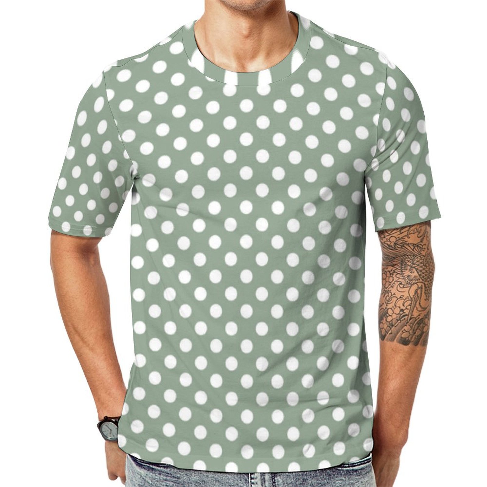 Dusty Green White Polka Dot Short Sleeve Print Unisex Tshirt Summer Casual Tees for Men and Women Coolcoshirts