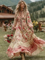 Women's Vintage Pink Rose Comfy Linen V-neck Dress