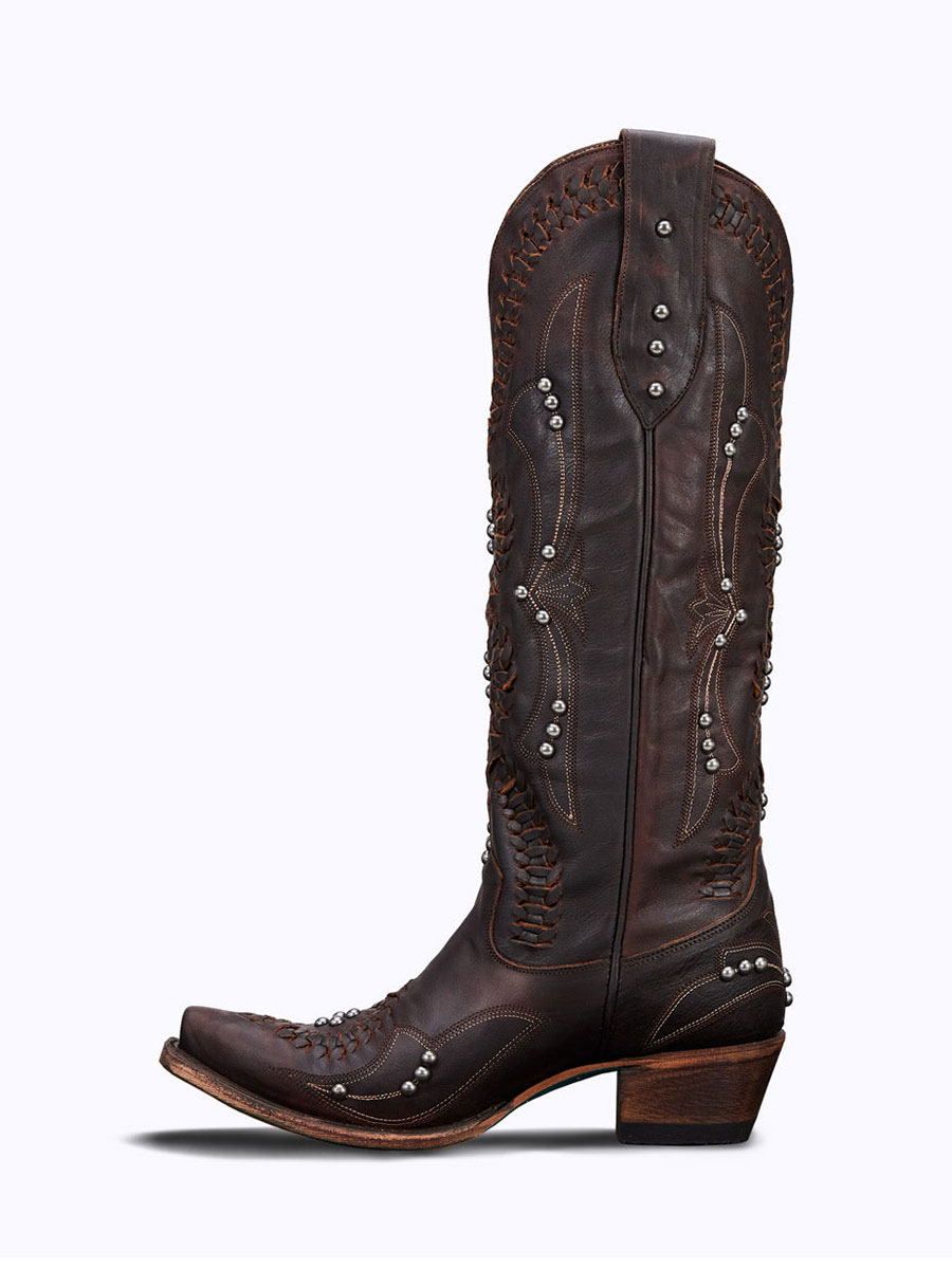 Brown Rivet Embellished Snip Toe Chunky Heel Cowgirl Boots for Women