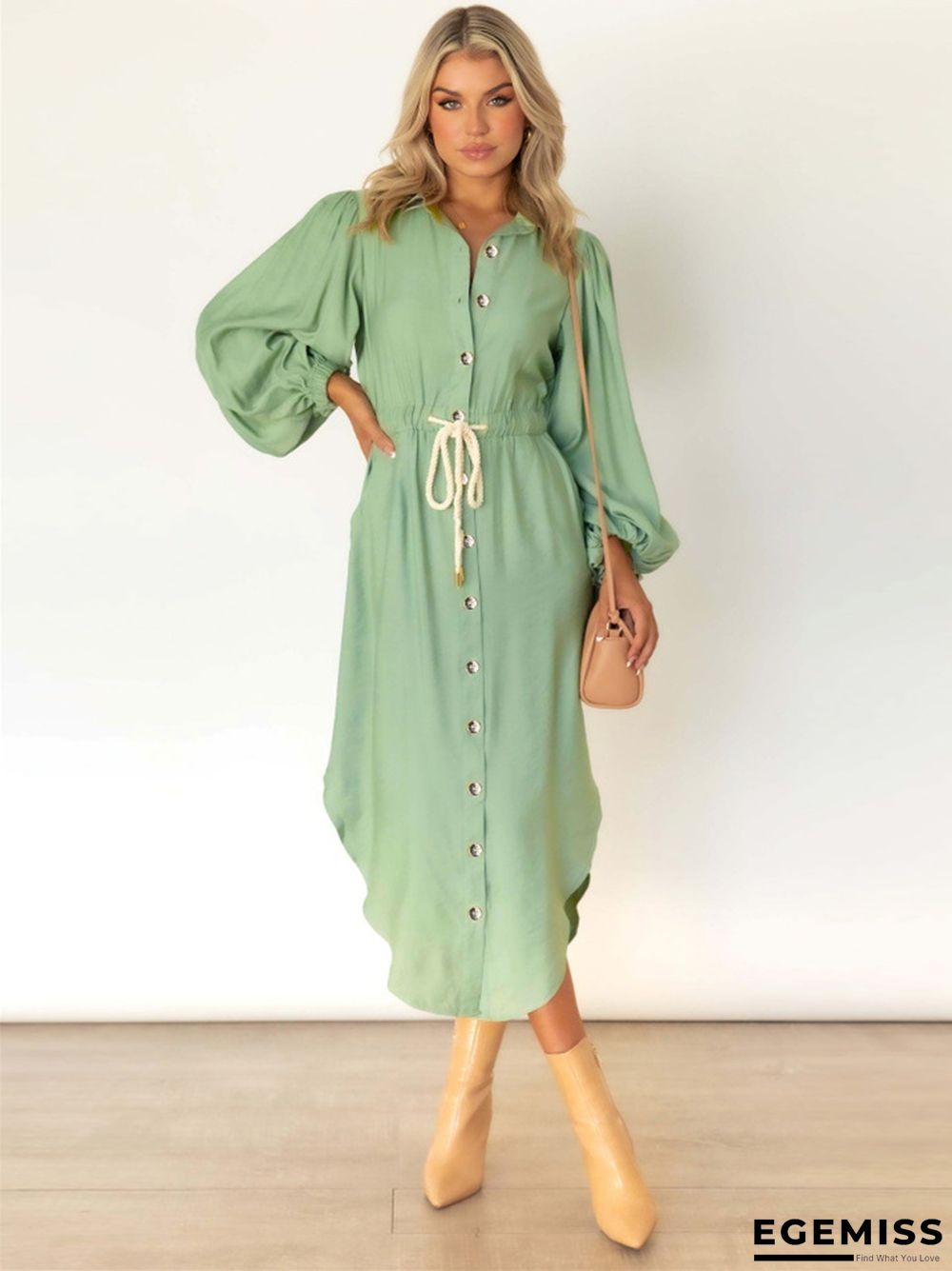 Long Sleeve Temperament Medium Long Tie Waist Shirt Dress | EGEMISS