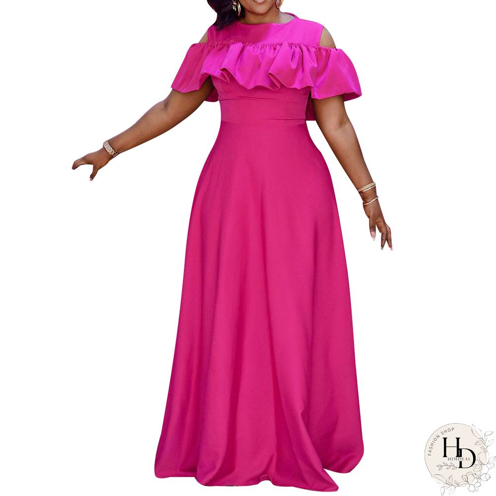 Summer New Round Neck Boho Dress Women Off-shoulder Temperament Short-sleeved Pleated Waist Long Dress