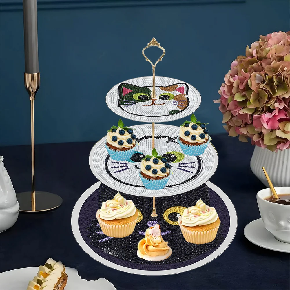 3 Tier 5D DIY Cat Acrylic Diamond Painting Cupcake Stand for Kitchen Table Decor 