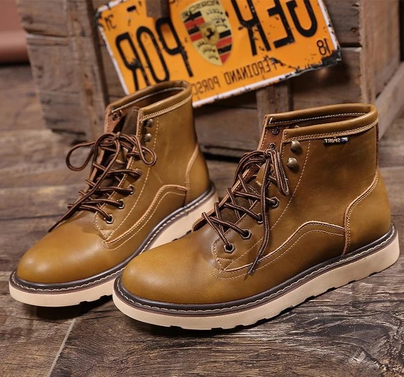 Men Spring Winter Casual Round Toe Genuine Leather Work Boots Goodyear-Welted Vintage Military Motorcycle Boots - VSMEE