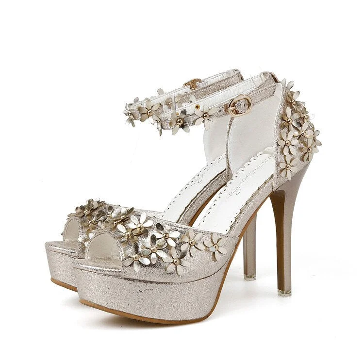 Lourdasprec sexy high heels open toes platform heels shoes woman Flower Gold Sliver Wedding Shoes ankle strap pumps bridal heels shoes 2022