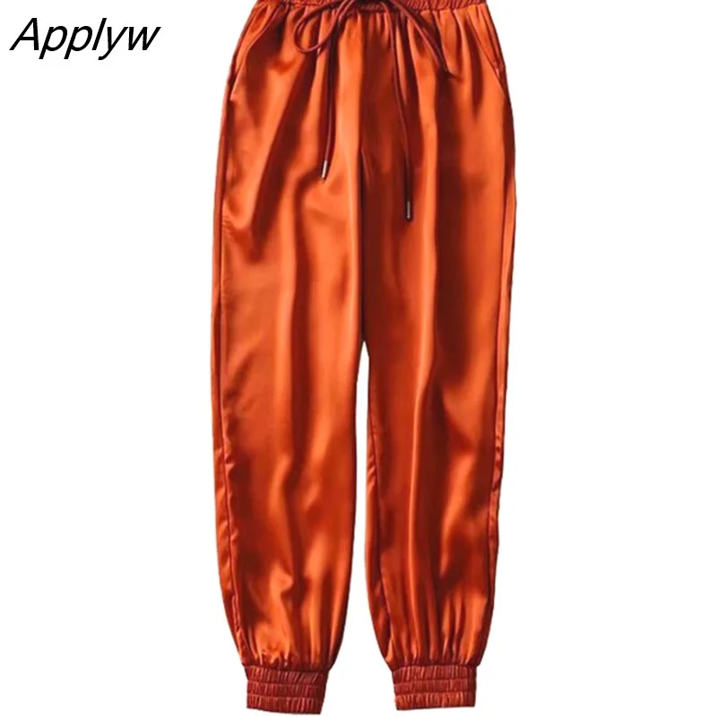 Applyw Satin pants women black joggers women trousers casual pink sweatpants high waist pants cargo sweatpants red