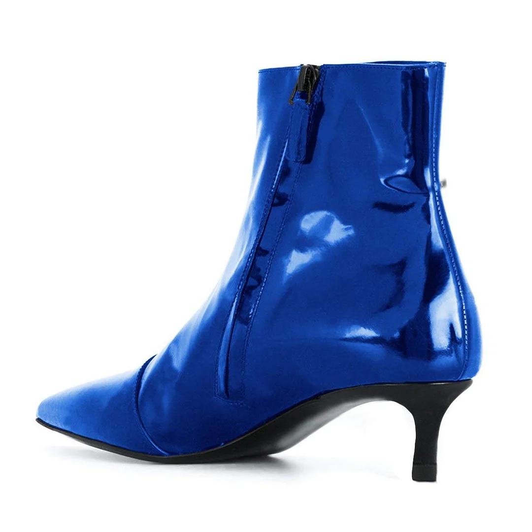 Blue Patent Leather Pointed Toe Kitten Heel Booties for Women