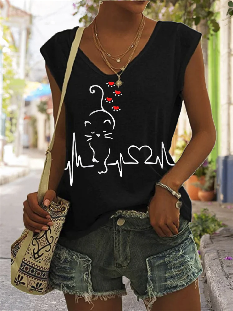 Lovely Cat Heart ECG V Neck Tank Top