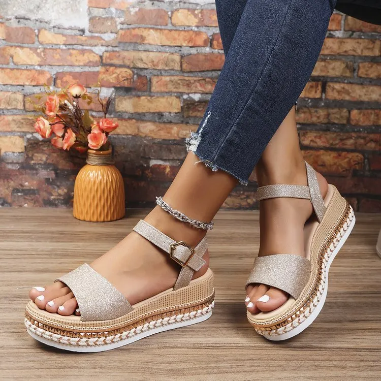 Yyvonne Summer New Large-Size Fish Mouth Buckle Slope Heel Sandals Women's Fashion Comfortable Thick-Soled Bright Face Women's Sandals