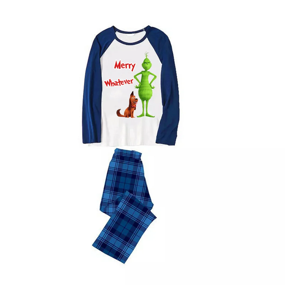Cartoon Pattern and "Merry Whatever" Printed Navy Blue and Black Plaid Christmas Family Pajamas