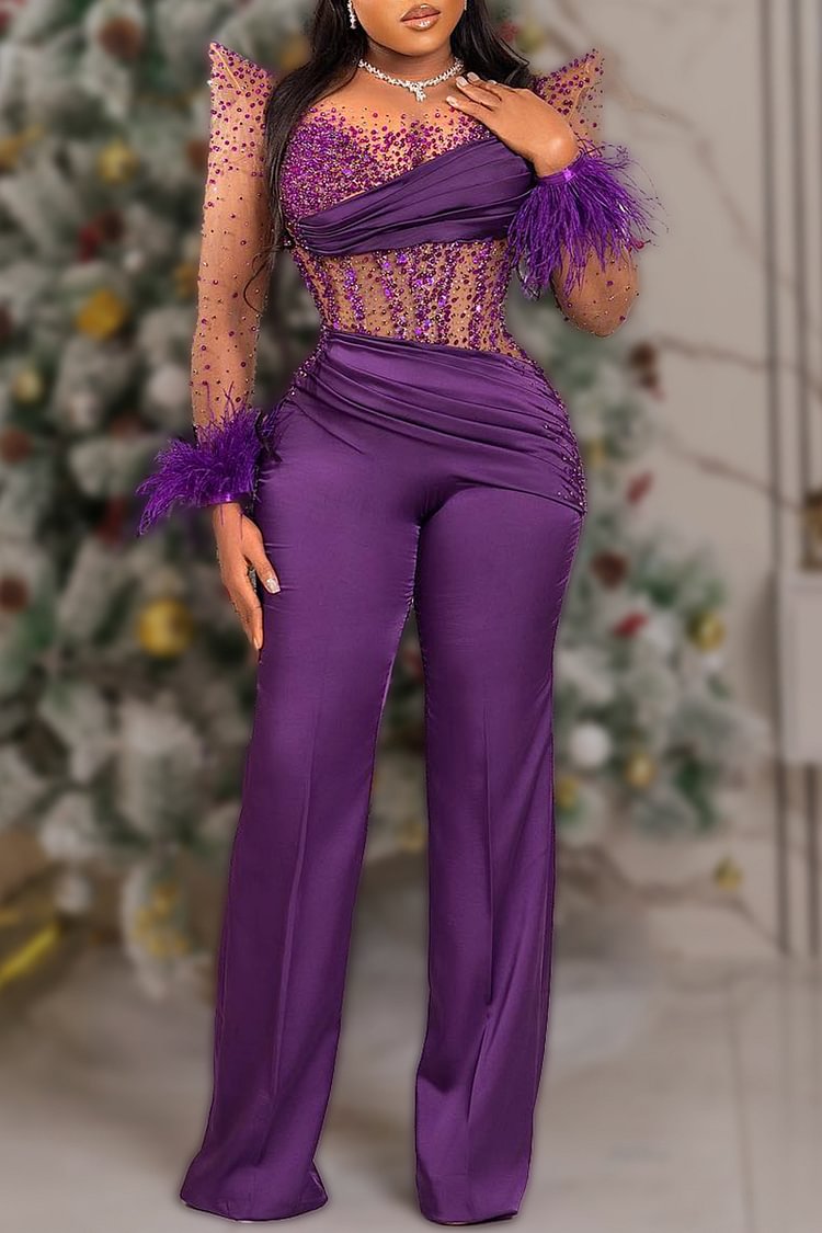 Xpluswear Plus Size Party Purple Feather Mesh Sequin Jumpsuits [Pre-Order]