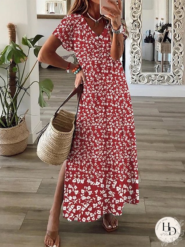 Casual Dress A Line Dress Floral Dress Floral Ditsy Floral Split Print V Neck Long Dress Maxi Dress Fashion Streetwear Outdoor Daily Short Sleeve Regular Fit Wine Summer Spring S M L XL XXL for Women