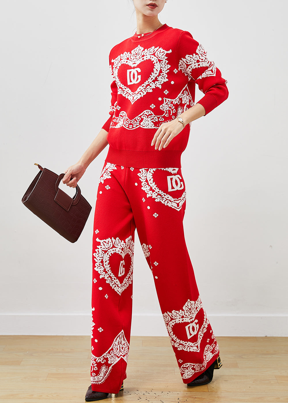 VCSHOES Red Oversized Jacquard Knit Two Pieces Set Spring