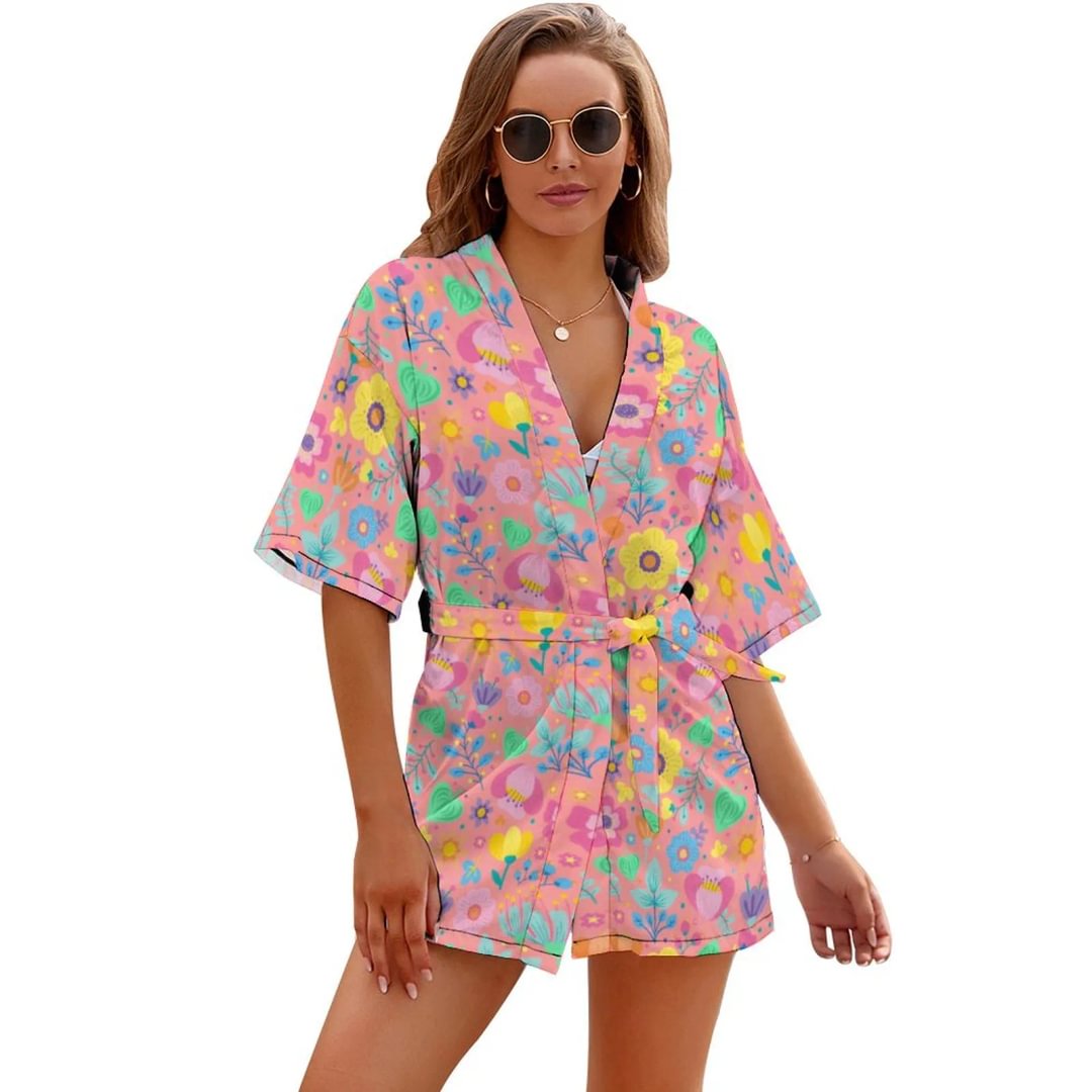 Fulcolor Seamless Ditsy Floral Pattern Women’s Night-Robe Original Short Kimono Robe Dress With Belt