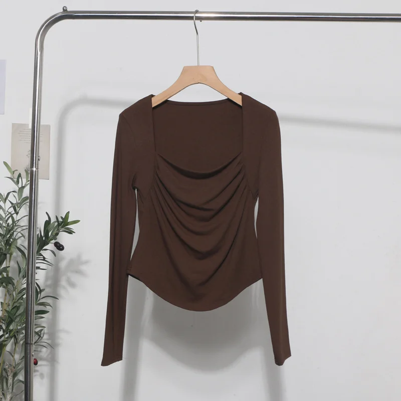 Brownm French Style Long-Sleeved T-Shirt Girl Autumn And Winter Collar Folded Folded Body Inside The Bottom Shirt Top 1665