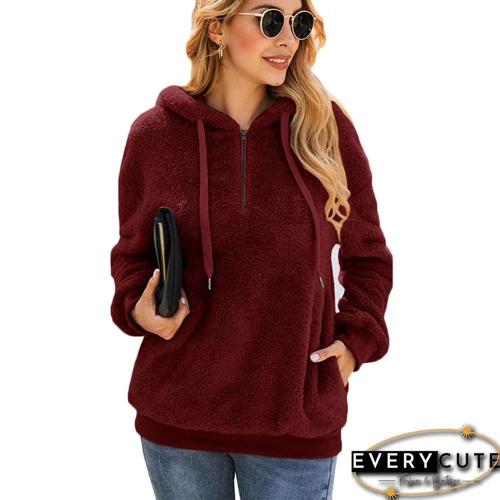 Wine Red 1/4 Zipper Furry Hoodie with Pockets