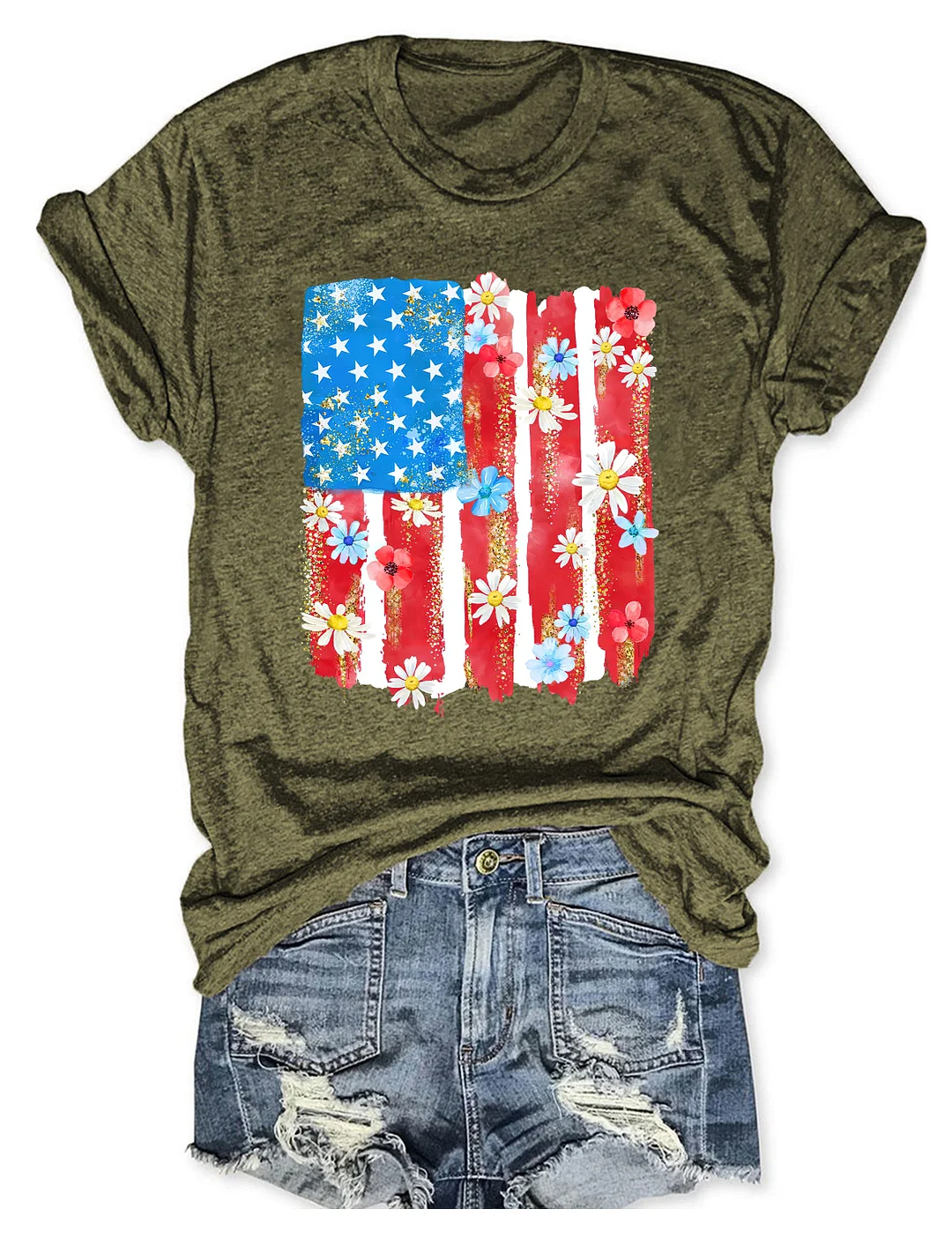 Flower Brushstroke America Flag T-shirt
