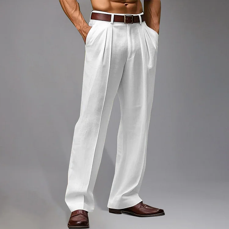 Casual Flax Mid Rise Slant Pocket Solid Straight Pants 