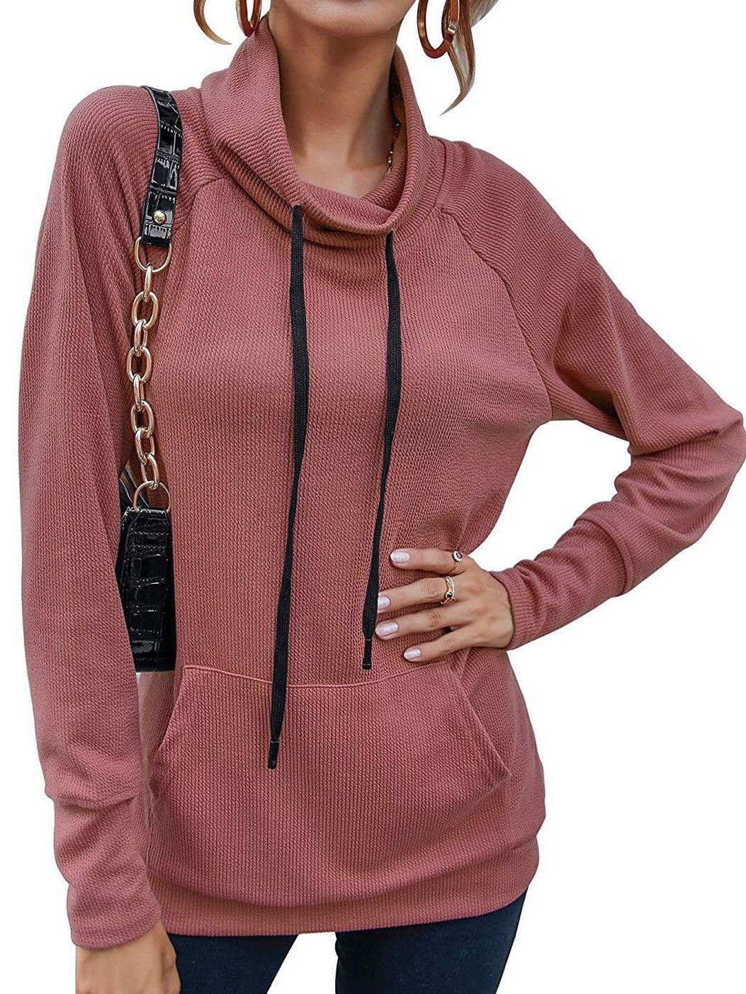 Women's Casual High Neck Long Sleeve Sweater With Drawstring Hood Top