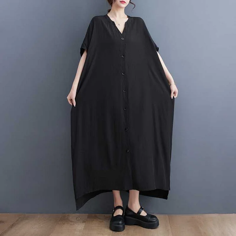Loose Solid Color Buttons Short Sleeve Midi Dress