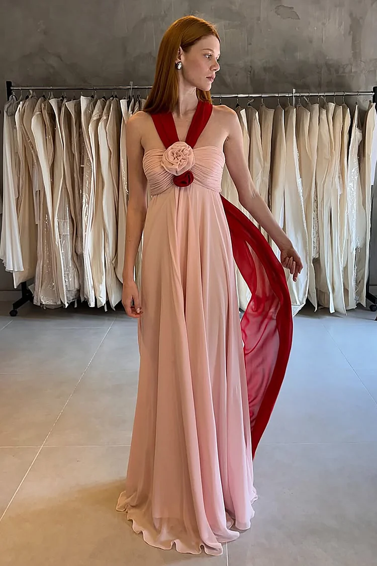 3D Flower Decor Colorblock Sash Chiffon Gowns Maxi Dresses-Pink [Pre Order]