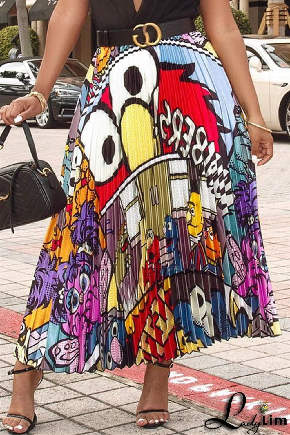 Multicolor Fashion Casual Print Fold Regular High Waist Pleated Skirt