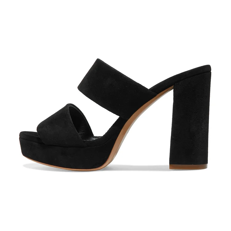 Black Suede Mule Heels Open Toe Chunky Heels for Office Lady |FSJ Shoes