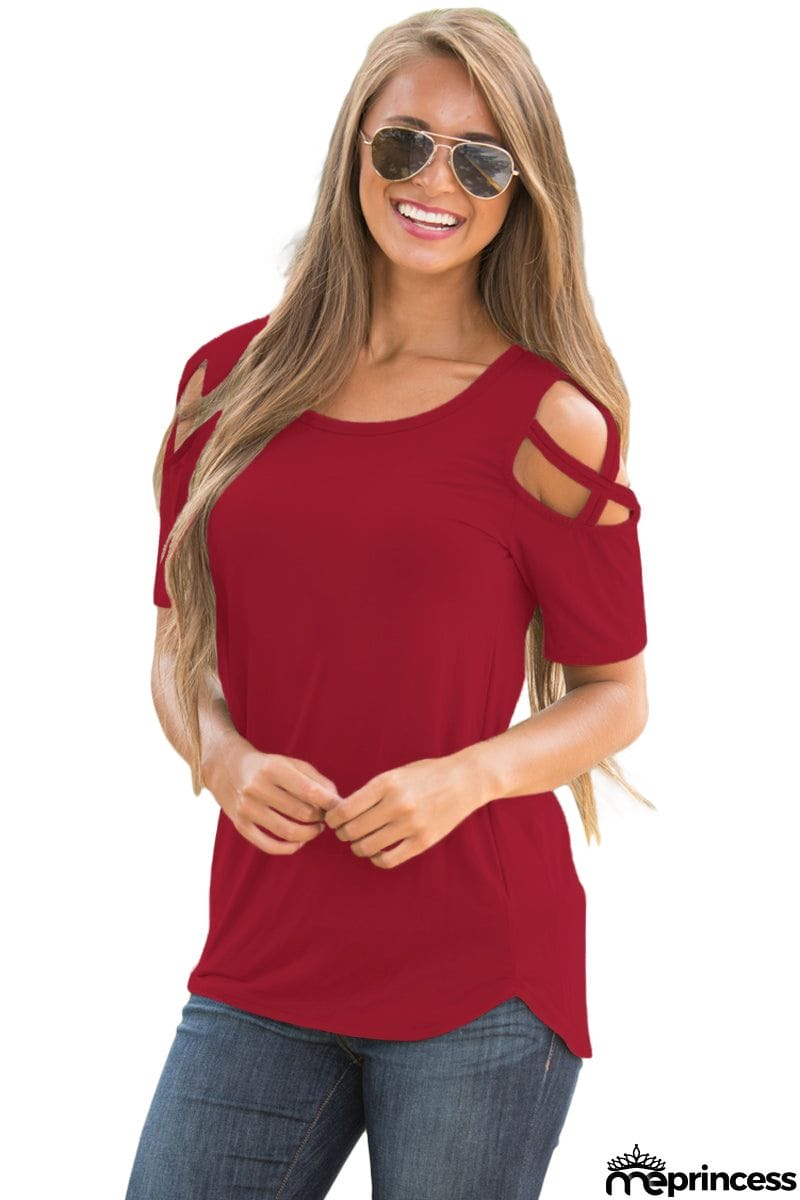 Burgundy Crisscross Cold Shoulder Short Sleeve Shirt