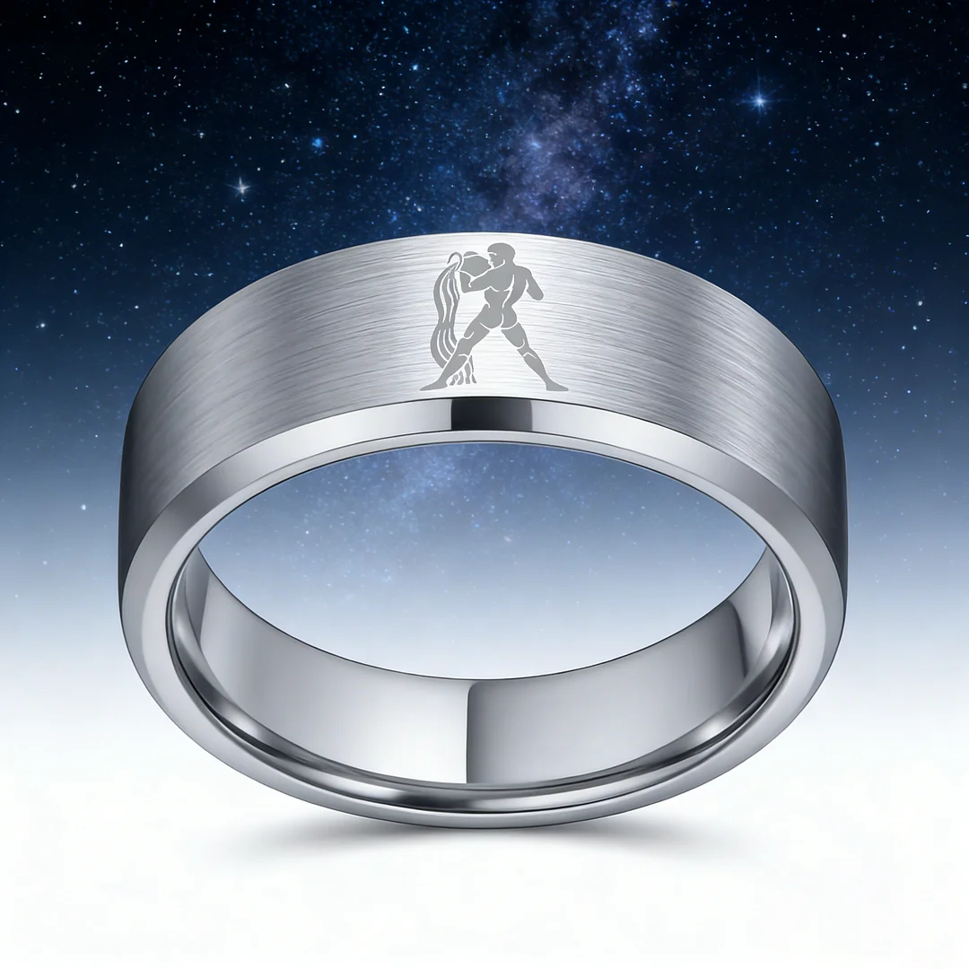 Beveled Edges Sliver Laser Etched Tungsten Carbide Rings Sliver Aquarius Couple Wedding Bands 4MM 6MM 8MM