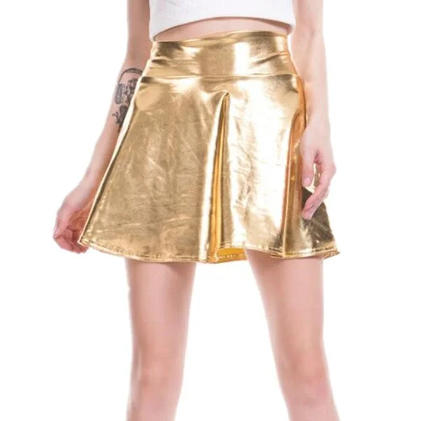 CUHAKCI Short Sexy High Waist Pleated Skirts Women Solid Casual Silver Gold Mini Laser Women Party Club