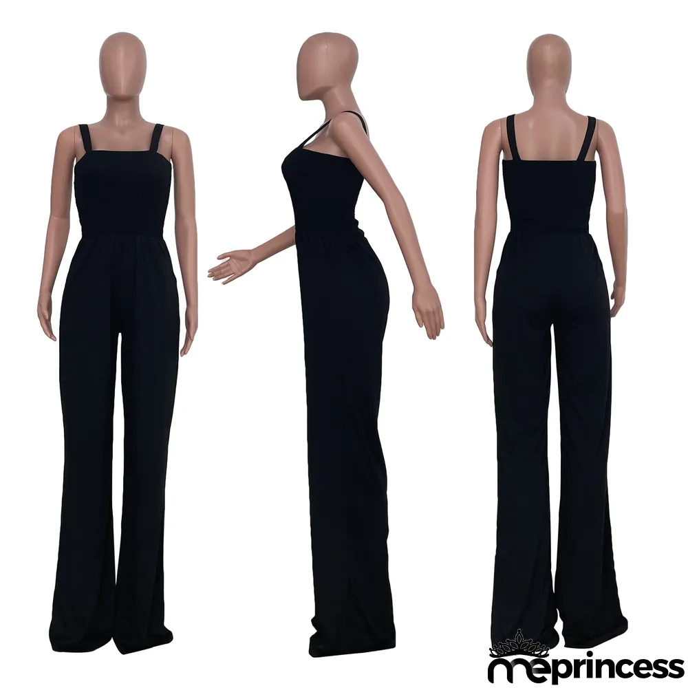 Women'S Solid Casual Strap Sleeveless Wide Leg Jumpsuit