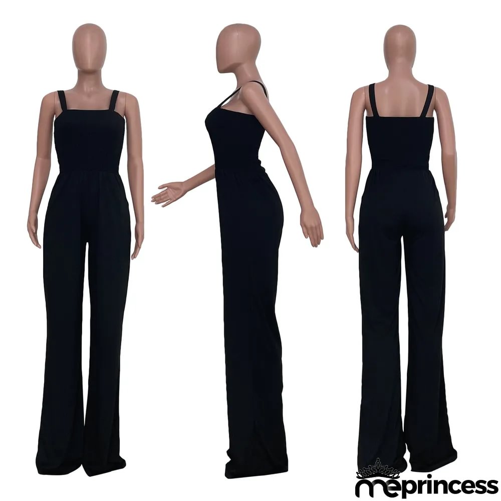 Women'S Solid Casual Strap Sleeveless Wide Leg Jumpsuit