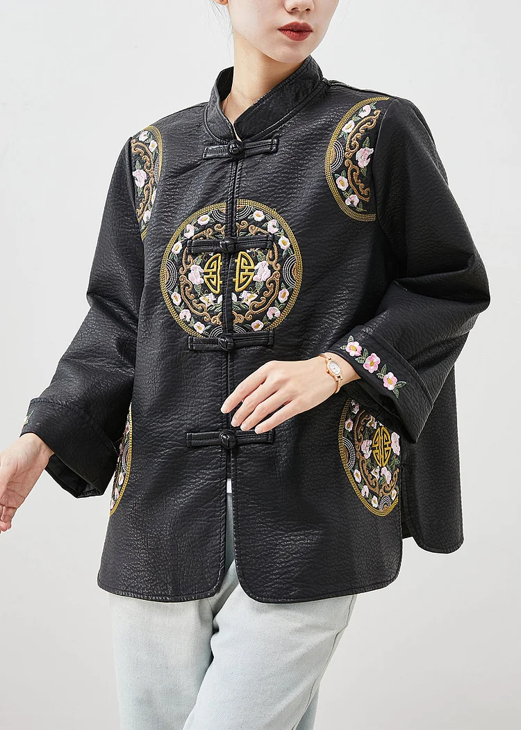 Beautiful Black Embroideried Chinese Button Faux Leather Coat Spring