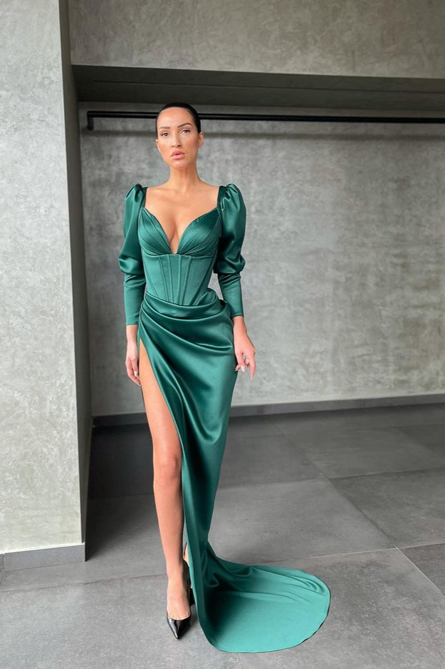Ovlias Dark Green Long Sleeve V-Neck Prom Dress Mermaid with Slit PD0192